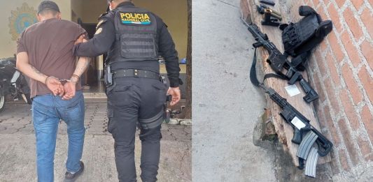 Presunto responsable de realizar ataque armado y su armamento pesado incautado. Foto La Hora: PNC