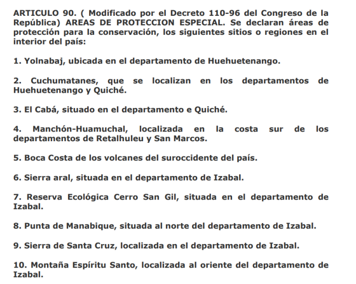 artículo 90 del Decreto 4-89, Ley de Áreas Protegidas