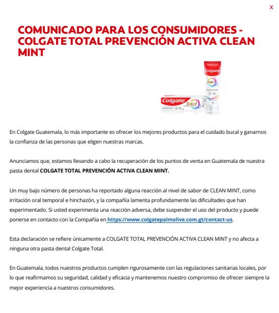 Comunicado de Colgate por retiro de productos. Foto La Hora: Captura de pantalla