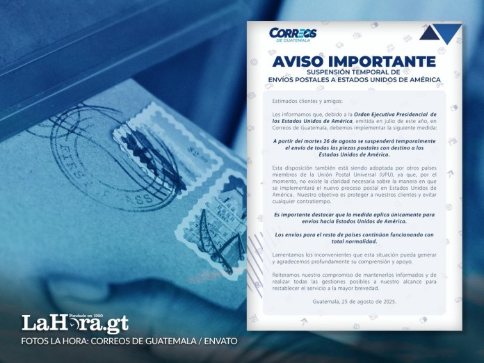 Comunicado de Correos de Guatemala sobre suspensión de envíos a EE.UU. Foto La Hora: Correos de Guatemala