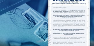 Comunicado de Correos de Guatemala sobre suspensión de envíos a EE.UU. Foto La Hora: Correos de Guatemala