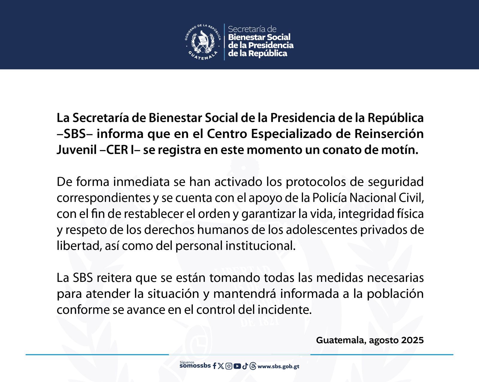 Comunicado de la SBS sobre el conato de motín en el Centro Especializado de Reinserción Juvenil