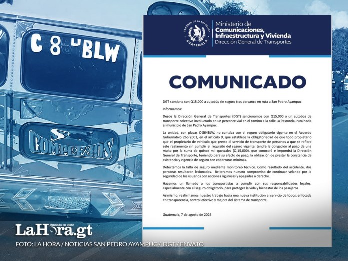 DGT sanciona con Q15 mil a extraurbano por circular sin seguro tras accidente en San Pedro Ayampuc
