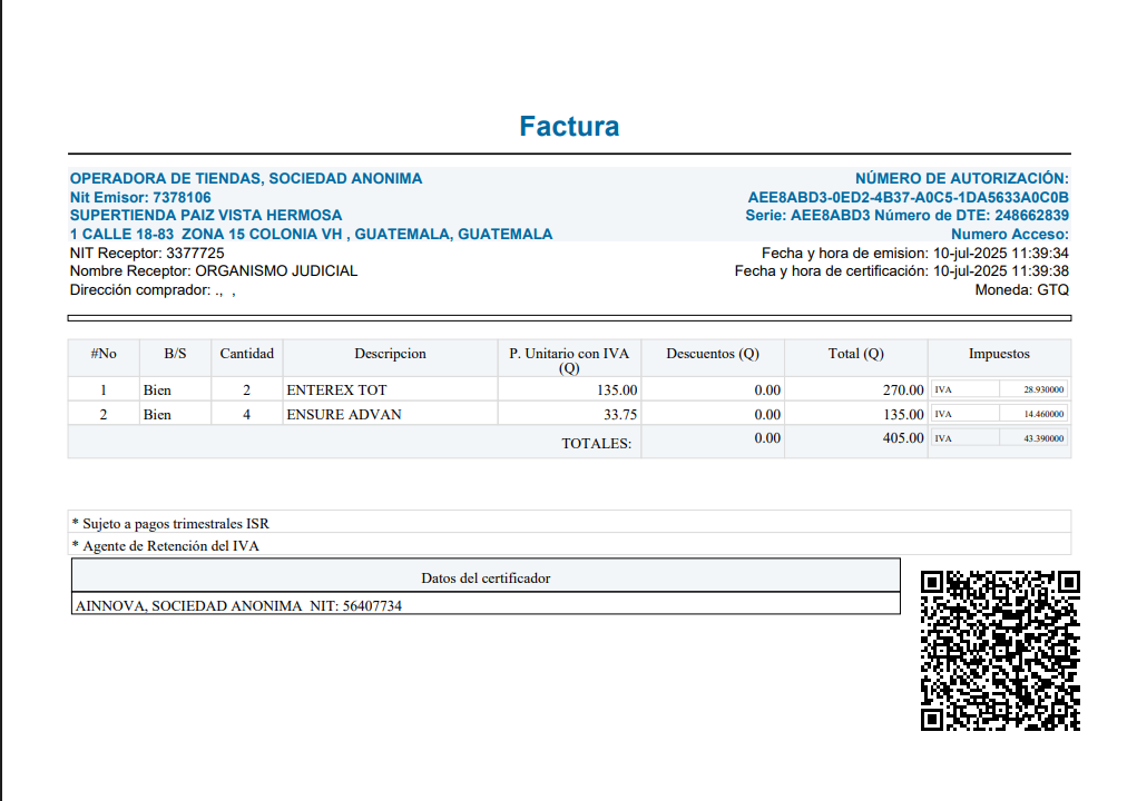 Factura emitida por la compra de suplementos alimenticios para Teódulo Cifuentes. Foto La Hora: Guatecompras