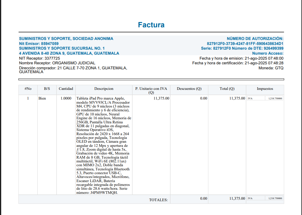 Factura emitida por la compra de una tablet solicitada por Igmaín Galicia Pimentel. Foto La Hora: Guatecompras