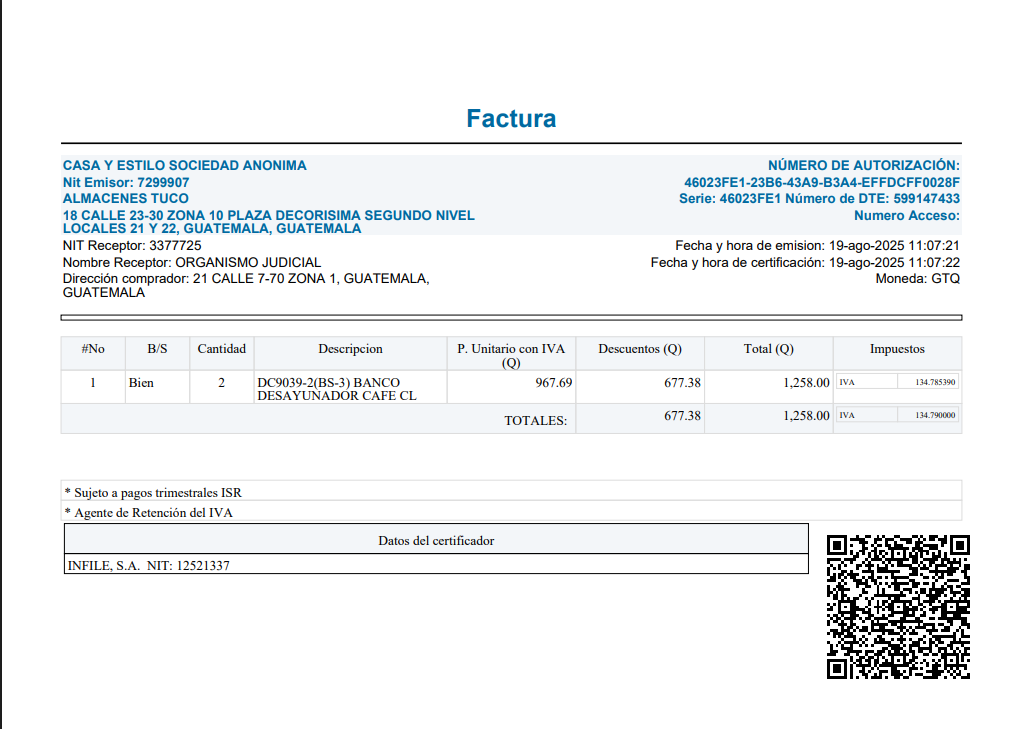 Factura emitida por la compra de dos bancos para desayunador solicitados por Carlos Rodimiro Lucero. Foto La Hora: Guatecompras