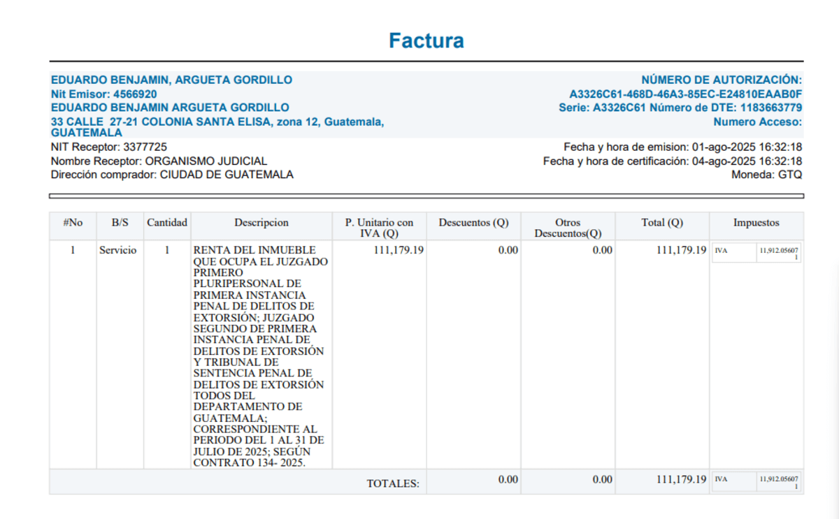 Factura emitida por el arrendatario tras primer pago por alquiler. Foto La Hora: Guatecompras