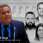 El juez Erick García y los magistrados de la Sala Tercera de Apelaciones. Diseño: La Hora / Alejandro Ramírez.