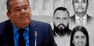 El juez Erick García y los magistrados de la Sala Tercera de Apelaciones. Diseño: La Hora / Alejandro Ramírez.