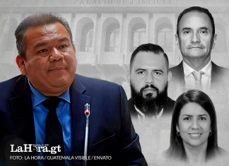 El juez Erick García y los magistrados de la Sala Tercera de Apelaciones. Diseño: La Hora / Alejandro Ramírez.