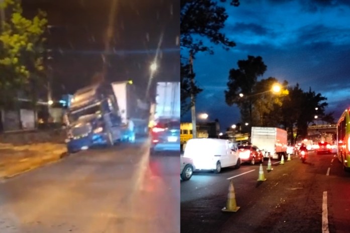 Tráiler causa complicaciones en bulevar El Naranjo tras incidente en zona 6. Foto La Hora: Tránsito Mixco.