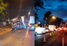 Tráiler causa complicaciones en bulevar El Naranjo tras incidente en zona 6. Foto La Hora: Tránsito Mixco.
