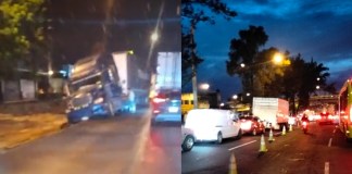 Tráiler causa complicaciones en bulevar El Naranjo tras incidente en zona 6. Foto La Hora: Tránsito Mixco.