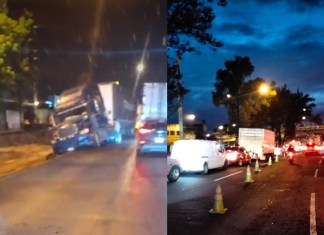 Tráiler causa complicaciones en bulevar El Naranjo tras incidente en zona 6. Foto La Hora: Tránsito Mixco.