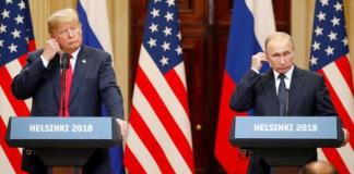 Fotografía de archivo del 16 de julio del 2018 donde aparece el presidente de Estados Unidos, Donald Trump (i), y el presidente de Rusia, Vladimir Putin, participando en una rueda de prensa en el Palacio Presidencial de Helsinki (Finlandia). Foto La Hora. EFE.