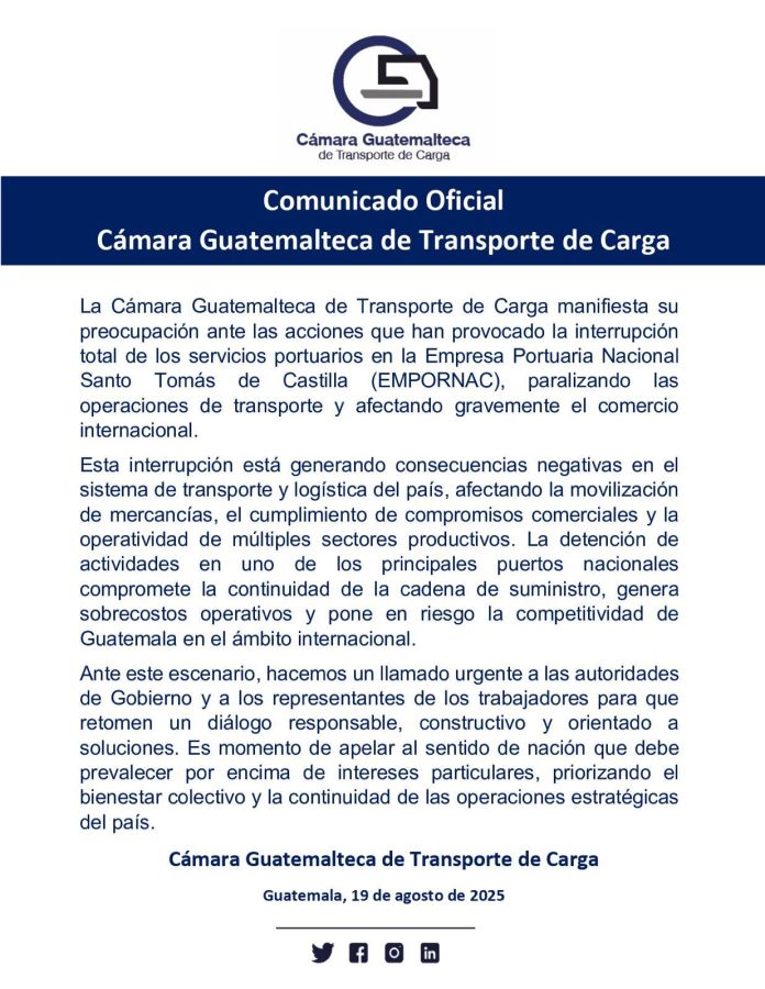 Comunicado de la Cámara Guatemalteca de Transporte de Carga. Foto: La Hora.