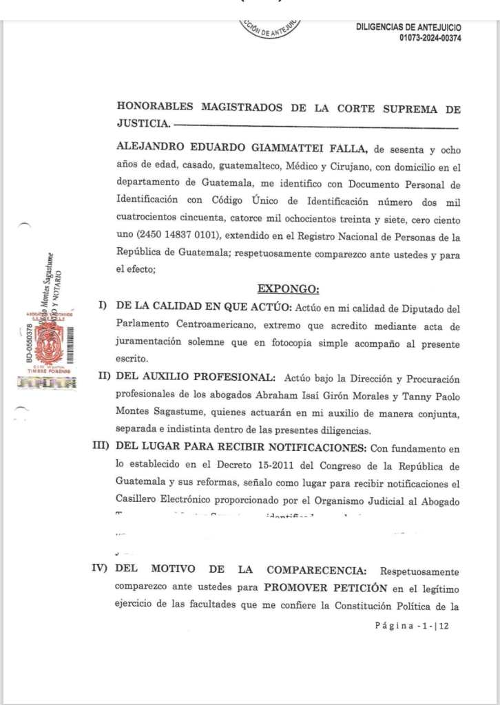 Parte de la declaración de Alejandro Giammattei ante magistrados de la Corte Suprema de Justicia. Foto: Cortesía