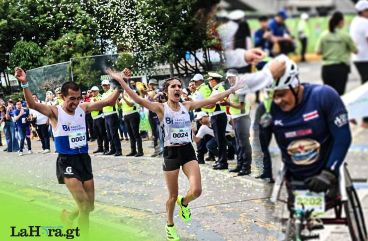 Los atletas entrando en primer lugar en la media maratón de la ciudad de Guatemala. Arte: Alejandro Ramírez