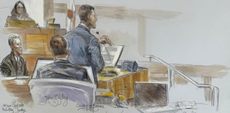 Este boceto de la sala del tribunal muestra a la jueza federal de distrito Aileen Cannon escuchando al fiscal Christopher hablar durante el juicio de Ryan Routh por el atentado contra Trump. Foto La Hora: AP
