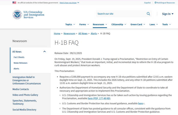 USCIS visa H-1B