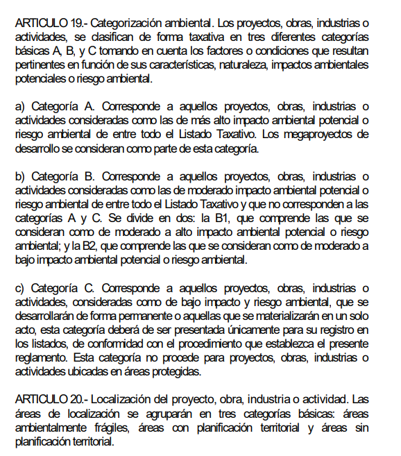 Categorización de proyecto dependiendo de su impacto ambiental.