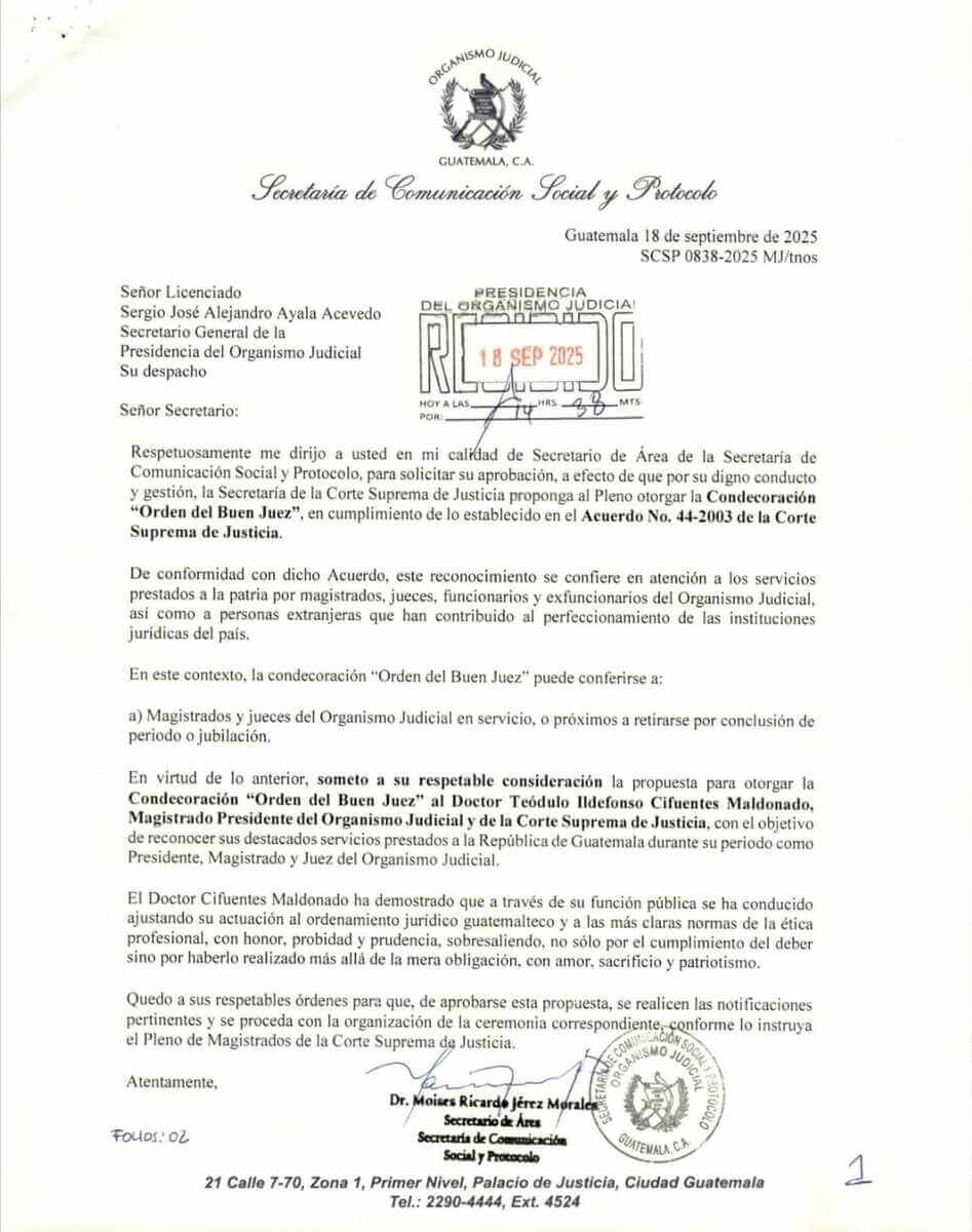 Carta enviada por Moisés Jerez a Secretaria de Presidencia de OJ. Foto La Hora: Cortesía