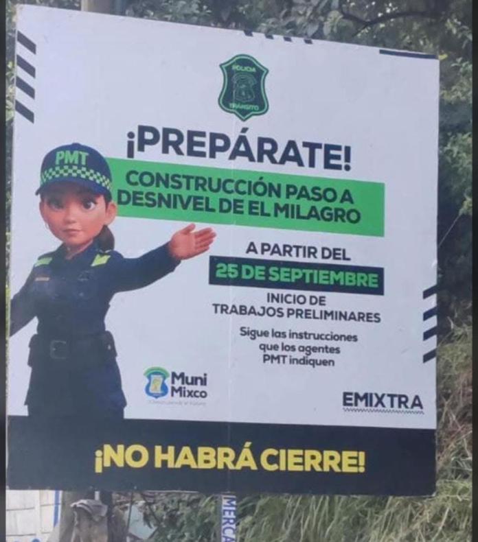 Mantas informativas de paso a desnivel de la cuchilla El Milagro - Ciudad Quetzal. Foto La Hora: RR.SS.