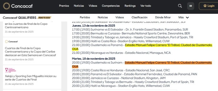 Calendario de partidos de octubre y noviembre para la ronda final de las clasificatorias de CONCACAF a la Copa Mundial. Foto La Hora: Captura.