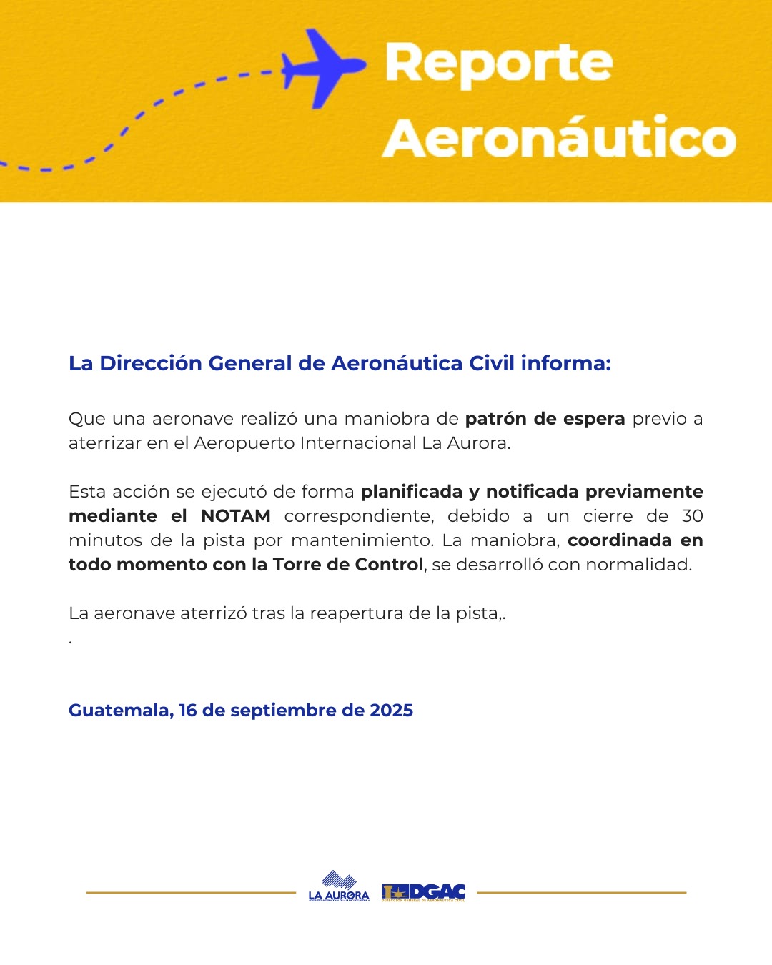Comunicado sobre aeronave con maniobra de espera. Foto La Hora: Dirección General de Aeronáutica Civil