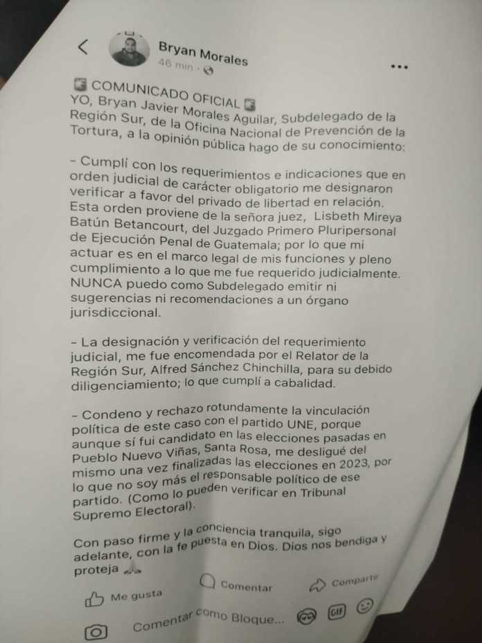 Publicación en Facebook, del subdelegado de la OPT. Foto La Hora: Captura de Pantalla.
