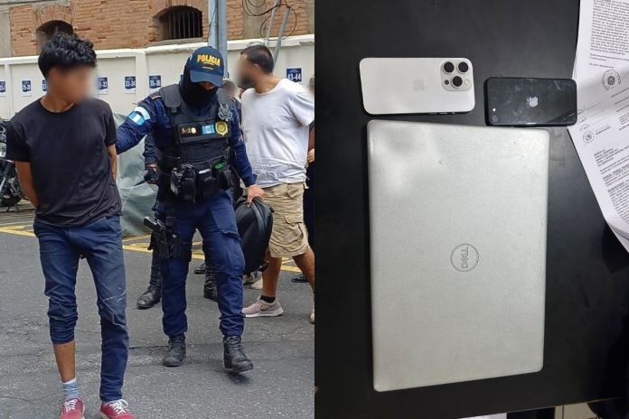 Presuntos responsables de robo de celulares Capturan a presuntos responsables de robar equipo de la oficina del cementerio de BDM valorados en más de Q.15 mil. Foto La Hora: PNC