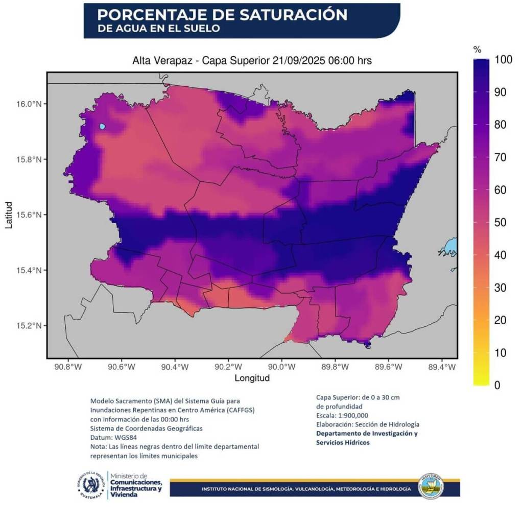 Nivel de saturación de suelos según Insivumeh. Foto La Hora: Insivumeh