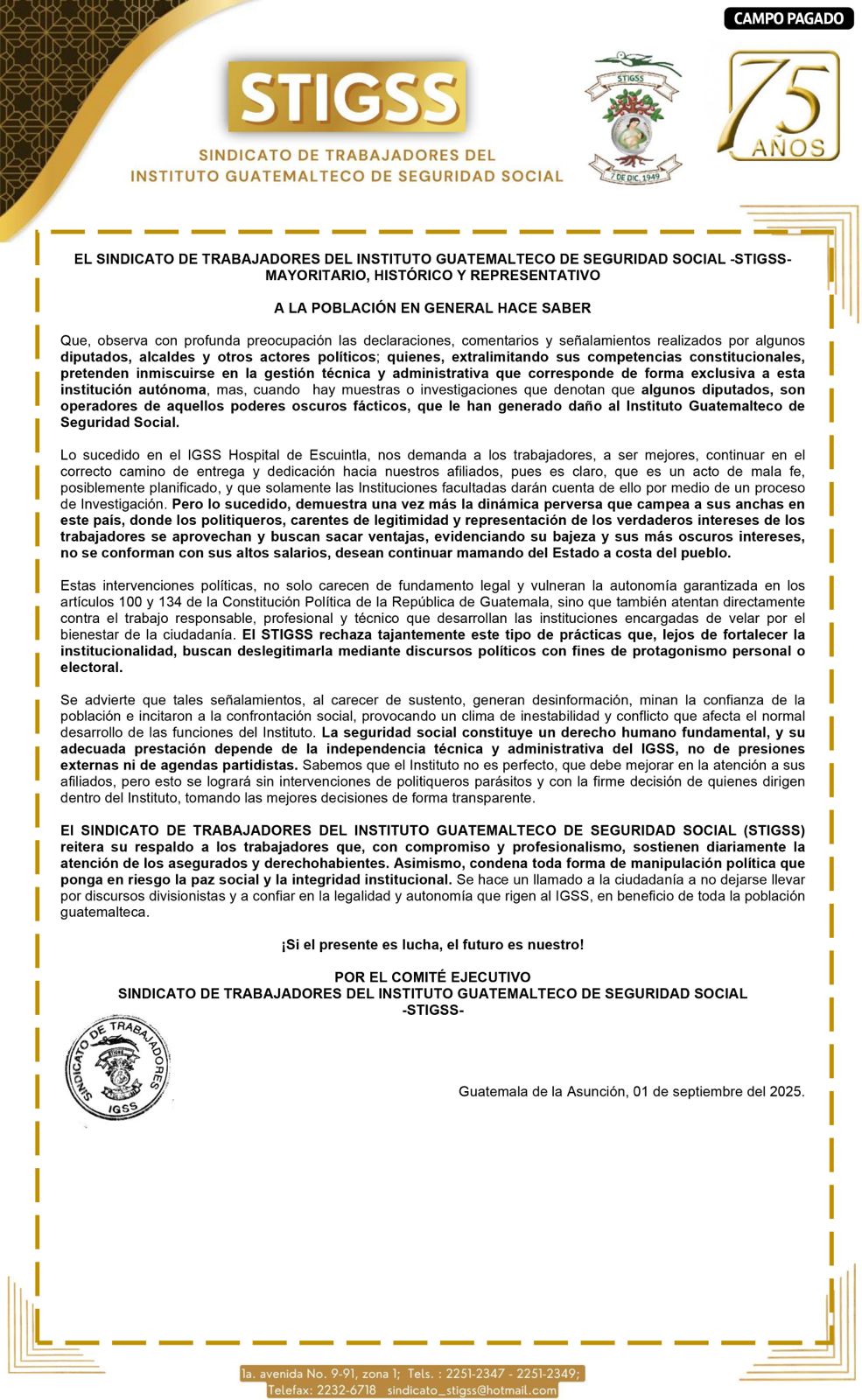 Comunicado del STIGSS
