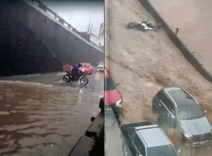 Video: Inundaciones y motoristas arrastrados por lluvias en Carretera a El Salvador