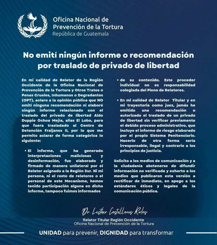 Comunicado del relator de la región occidente, de la Oficina Nacional de Prevención contra la Tortura. Foto: La Hora.
