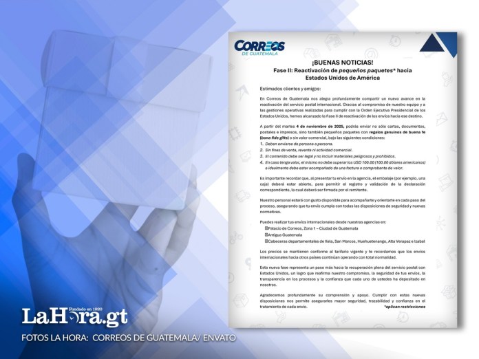 La segunda fase de envío de paquetes hacia Estados Unidos cobrará vigencia la próxima semana, según lo anunció en un comunicado Correos de Guatemala. Arte La Hora: Alejandro Ramírez