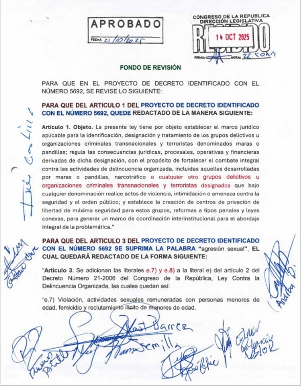 Artpiculo de la Ley para el Combate Frontal a las Actividades Delictivas de las Maras. Foto La Hora: Copia Congreso de la República.