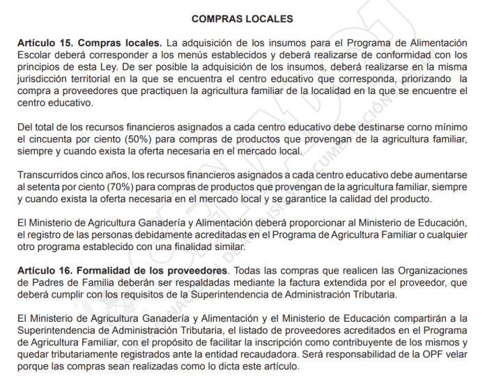 artículos 15 y 16 de la Ley de Alimentación escolar
