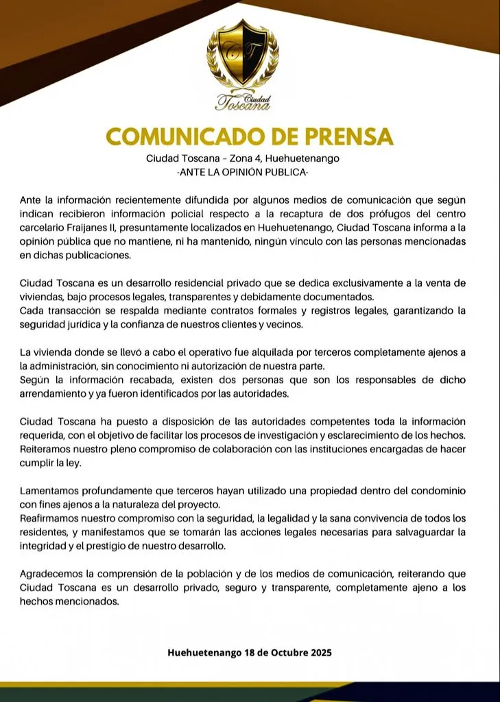 Comunicado de Ciudad Toscana, el complejo residencial donde dos prófugos de Fraijanes II fueron recapturados. Foto La Hora: FB Ciudad Toscana