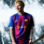 Ed Sheeran vistiendo una T-shirt del FC Barcelona.