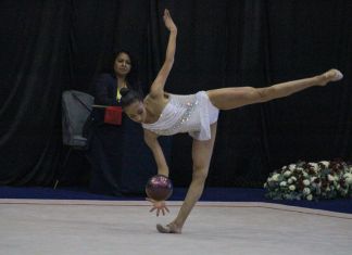 Participación de Guatemala en Gimnasia rítmica con pelota en los Juegos Centroamericanos. Foto La Hora: Carlos Vicente