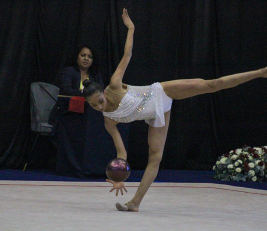 Participación de Guatemala en Gimnasia rítmica con pelota en los Juegos Centroamericanos. Foto La Hora: Carlos Vicente