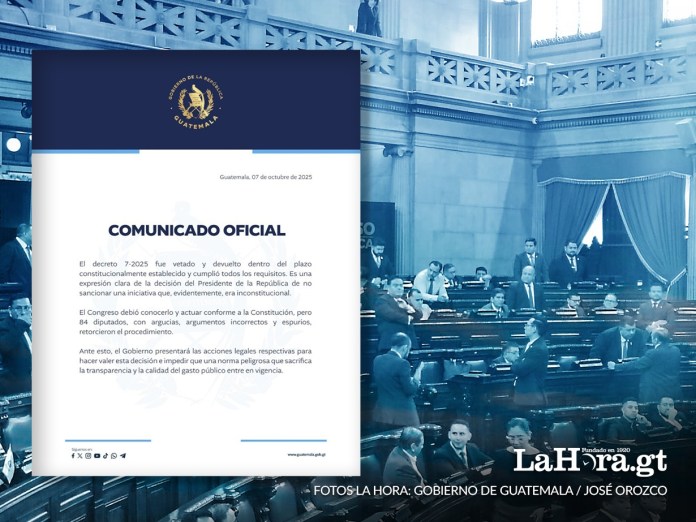 Comunicado del Gobierno de Guatemala ante acuerdo que rechaza al veto del Decreto 7-2025. Foto La Hora: Presidencia.