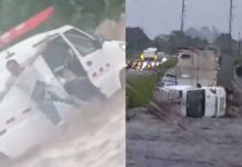 Video: Conductor se lanza de su vehículo antes de que sea arrastrado por la corriente Hombre saltando de su vehículo mientras este es arrastrado por la corriente. Foto La Hora: Captura de pantalla