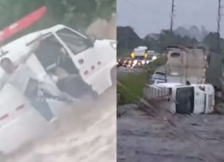 Hombre saltando de su vehículo mientras este es arrastrado por la corriente. Foto La Hora: Captura de pantalla