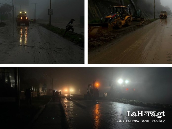 Fotografías de los trabajos de limpieza en el derrumbe del kilómetro 24 de Carretera a El Salvador. Arte La Hora: Alejandro Ramírez