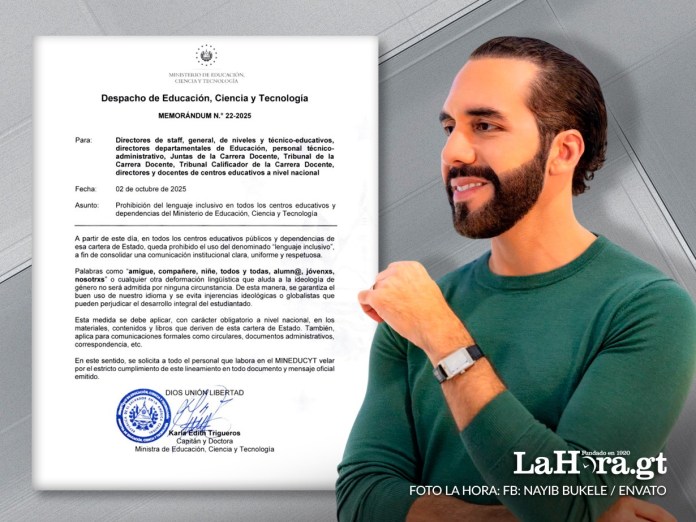 Presidente Nayib Bukele, apoyo la medida que prohíbe el uso del llamado “lenguaje inclusivo”. Arte La Hora: Alejandro Ramírez.