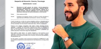 Presidente Nayib Bukele, apoyo la medida que prohíbe el uso del llamado “lenguaje inclusivo”. Arte La Hora: Alejandro Ramírez.