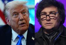 Combo de fotografías en las que se ve al presidente de Estados Unidos, Donald Trump (i), y el presidente de Argentina, Javier Milei. Foto: La Hora/EFE/ Aaron Schwartz/ Juan Ignacio Roncoroni