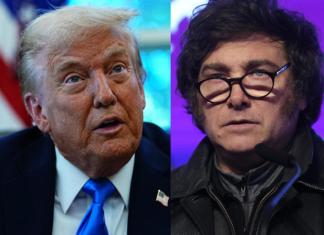 Combo de fotografías en las que se ve al presidente de Estados Unidos, Donald Trump (i), y el presidente de Argentina, Javier Milei. Foto: La Hora/EFE/ Aaron Schwartz/ Juan Ignacio Roncoroni